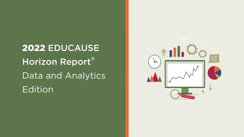 Educause horizon report cover showing a computer with graphs and charts hovering